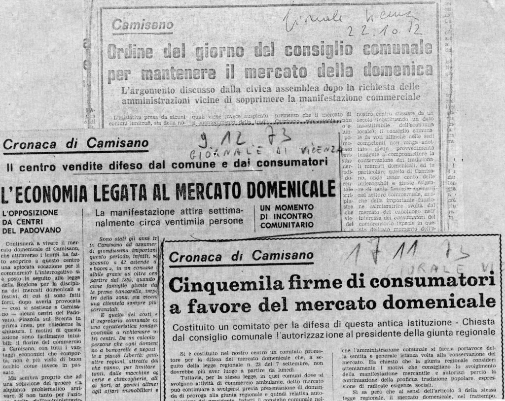 Immagine storica di articoli di giornale che parlano del Mercato di Camisano Vicentino